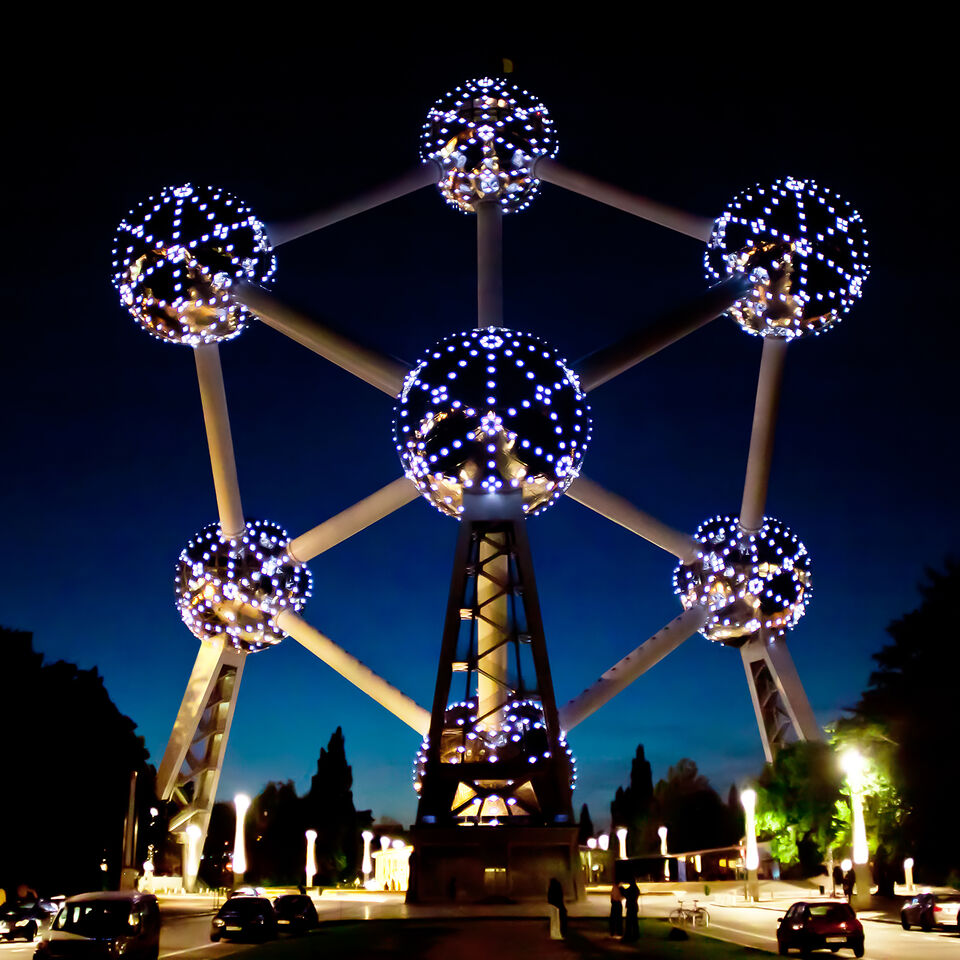 The Atomium seen at night and located in Heysel park in Brussels