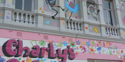 The pink façade of Charly’s Bakery