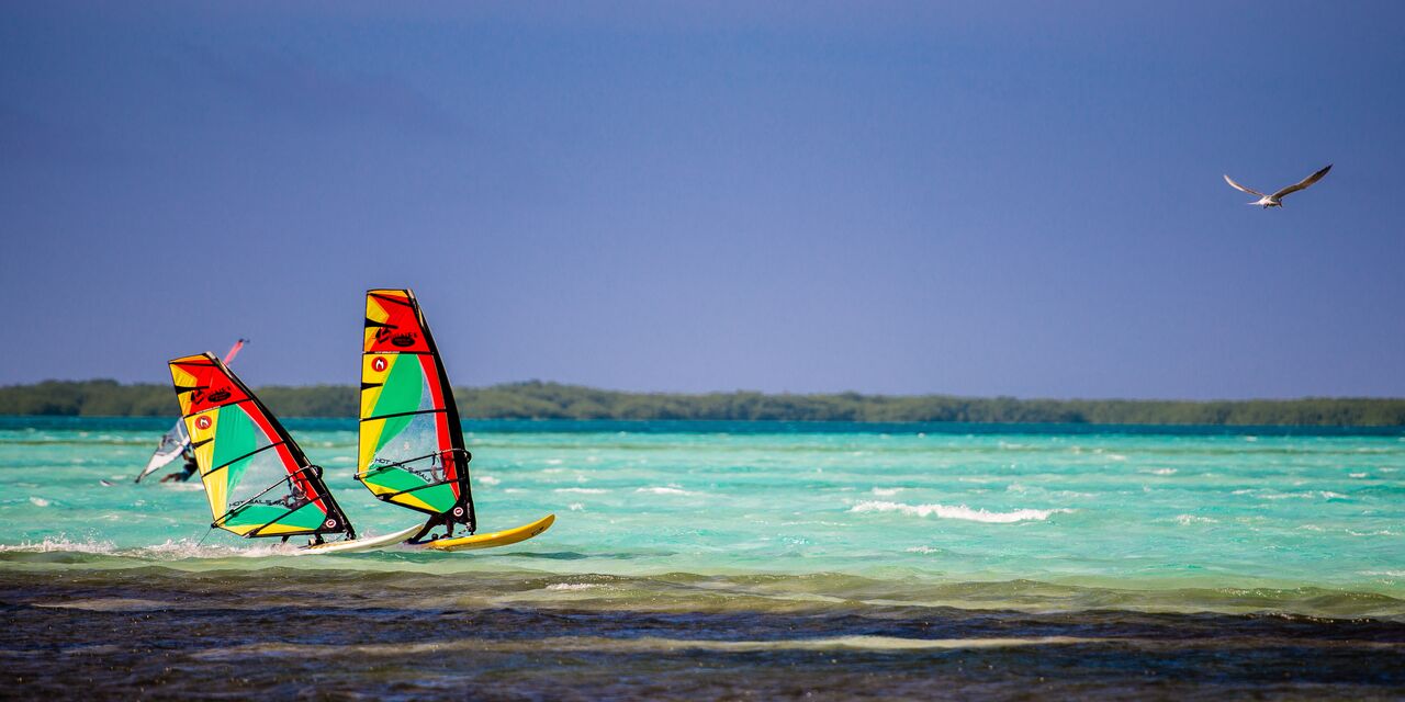 Windsurfing on turquoise blue water