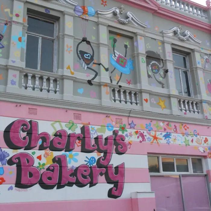 The pink façade of Charly’s Bakery
