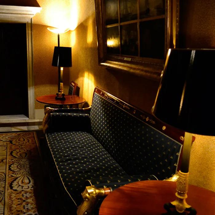 Antique furniture decorates the interior