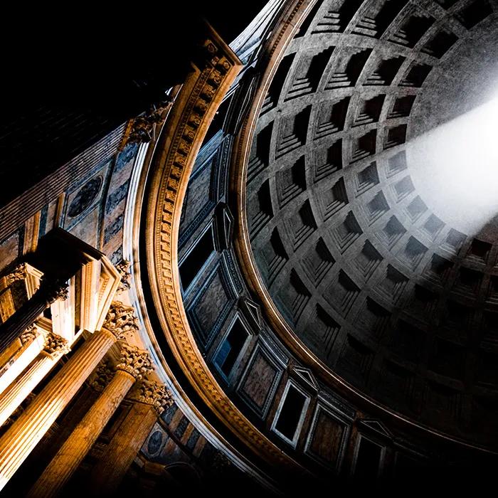 Sunlight pours in through the hole in the dome